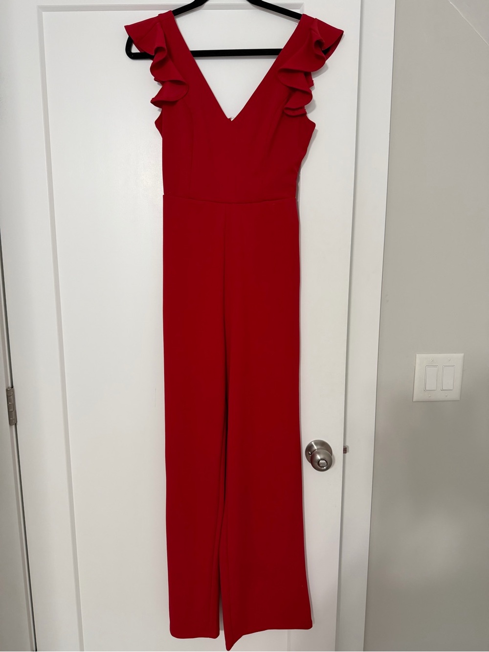 Francesca's Collections Red V-Neck Ruffle-Sleeve Wide-Leg Jumpsuit